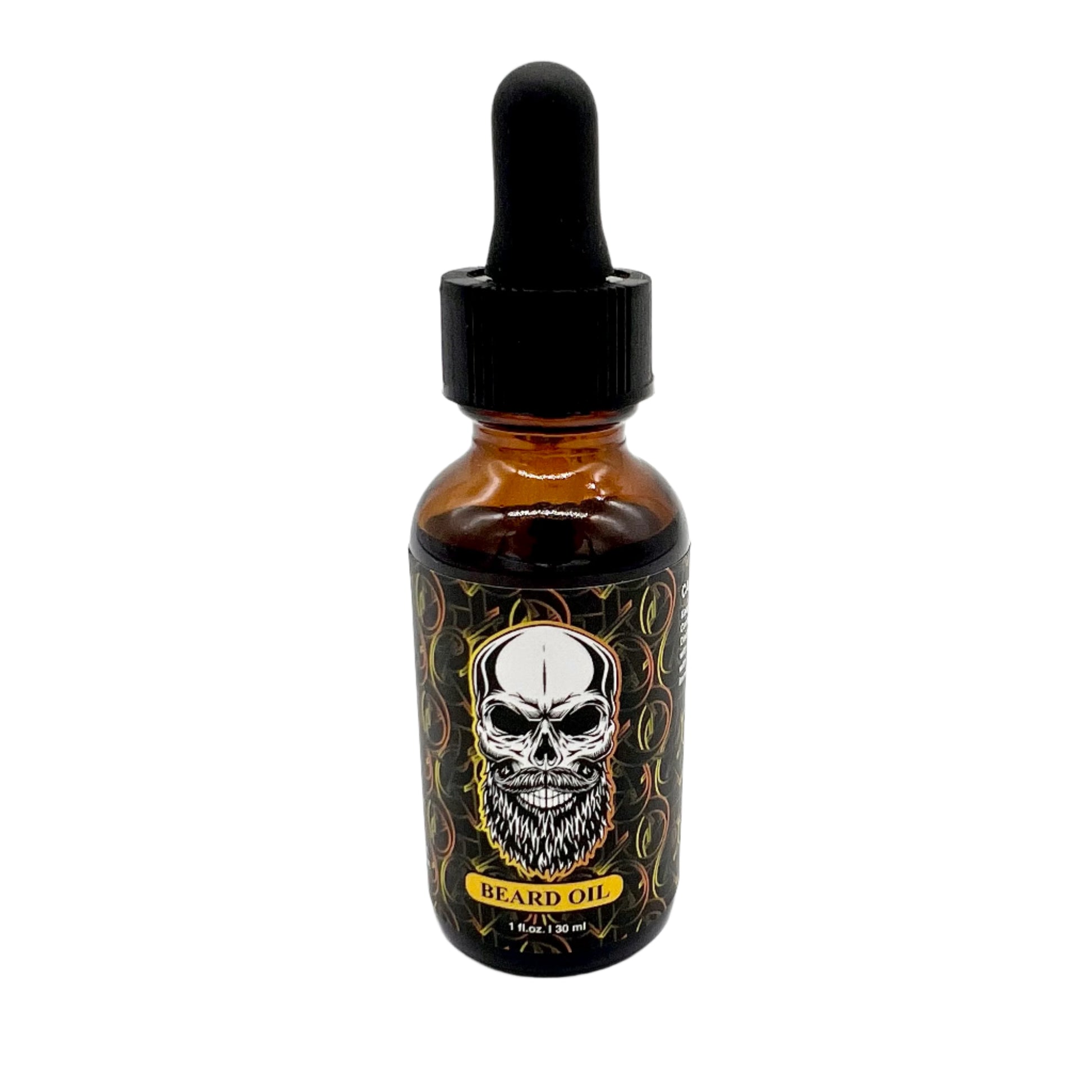 The photo depicts a bottle of El Barber Beard Oil. The bottle is amber with a black dropper cap. The label features a detailed design, including a prominent skull with a full beard. It also states "Beard Oil" and "1 fl oz / 30 ml" in yellow text. The overall design is bold and visually striking, reflecting the brand's edgy style.